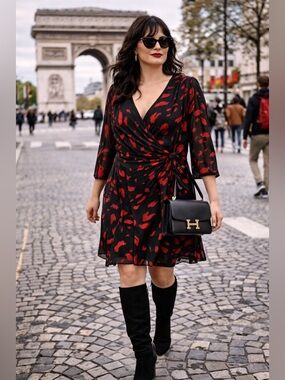Donna Karan Red and Black Patterned Dress